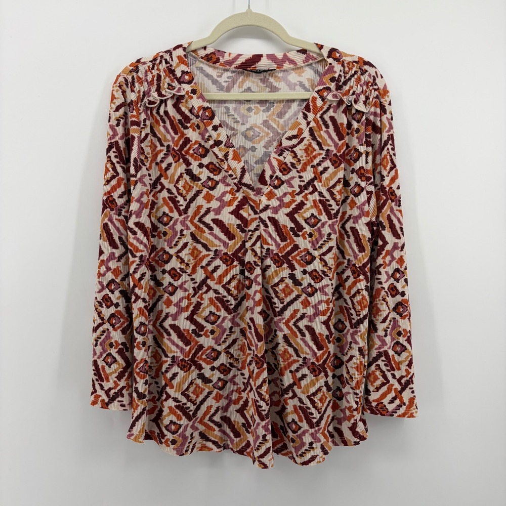 Cable & Gauge Blouse Multi Women M Geometric Ikat V-Neck 3/4‎ Sleeve Plisse Top